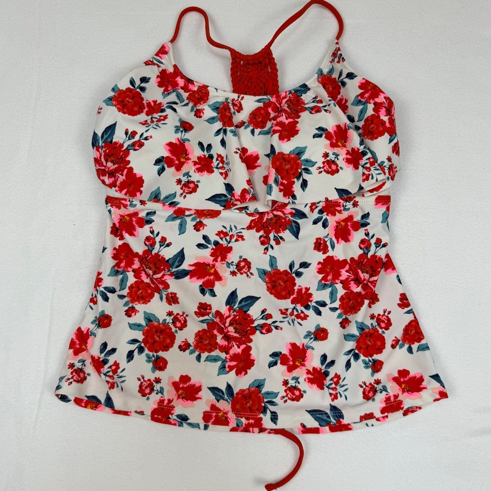 Arizona Jeans Floral Tankini Top Red White Ruffle Crochet Back Large